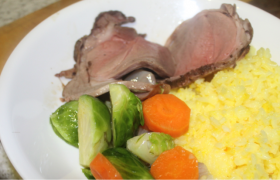 Friendly Lamb with Saffron Rice and Garlic Carrots and Brussels