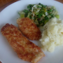 Failsafe Chicken Schnitzel with mash and garlicky leek and peas