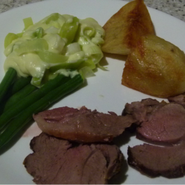 Failsafe Roast Lamb With Roast Potato, Leek In White Sauce And Green Beans