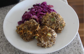 Friendly Sweet potato and Lentil Patties with Braised Red Cabbage and Green Beans