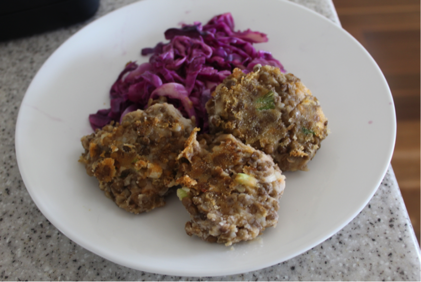 Friendly Sweet potato and Lentil Patties with Braised Red Cabbage and Green Beans