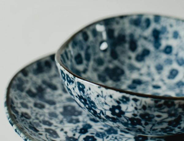 Elegant ceramic bowl with blue floral pattern, showcasing japandi minimalism in a vertical shot.